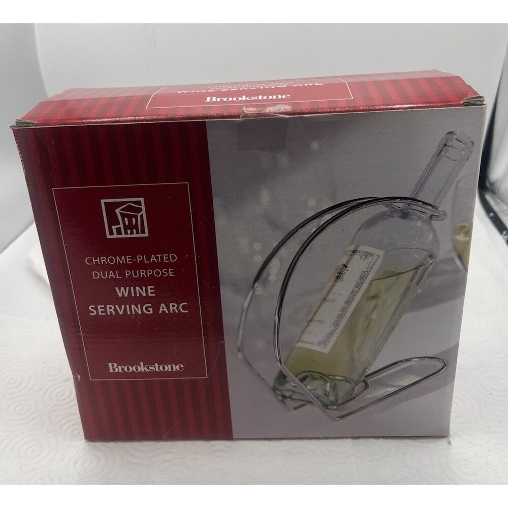 Brookstone Chrome Wine Holder Serving Arc Bottle Cradle Decanter Stand NIB